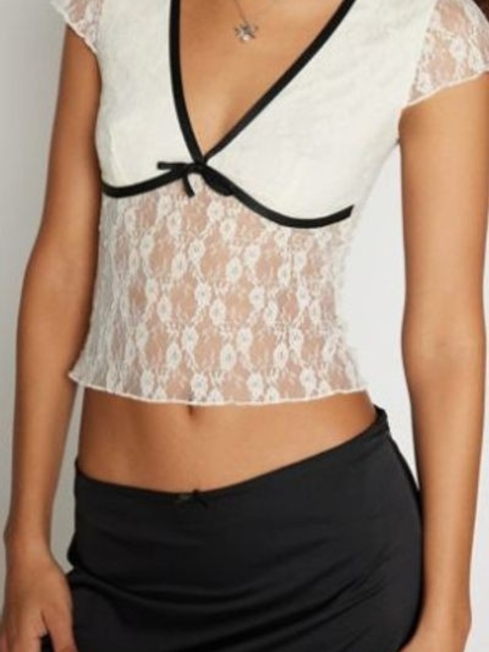 Kimchi Blue White Lace Crop Top with Black Trim